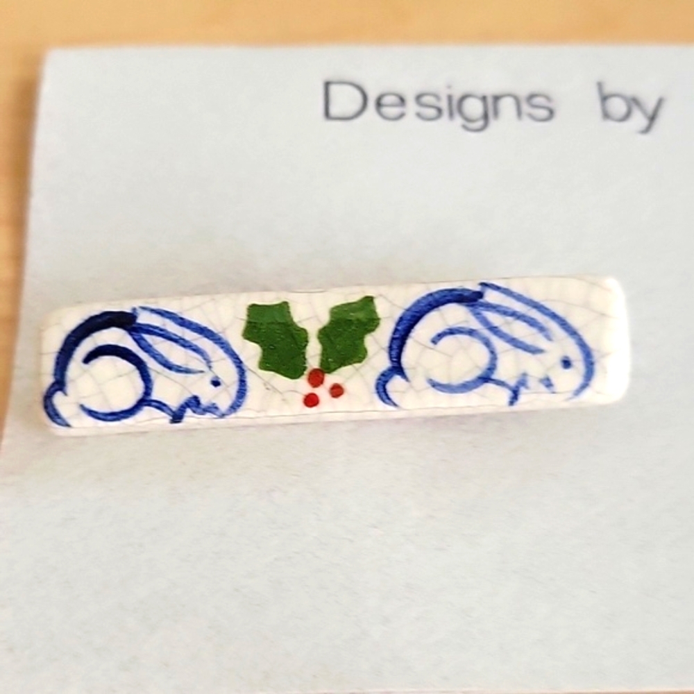 Anna Designs White and Blue Crackle Glaze Ceramic Brooch